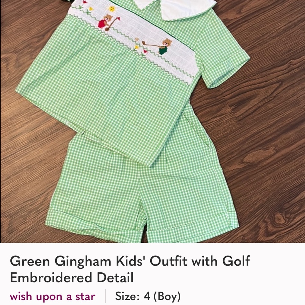 Green Gingham Kids' Outfit with Embroidery